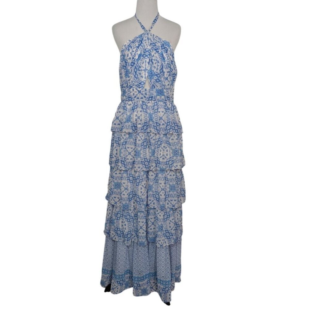 NEW Olivaceous Melany Maxi Dress Womens Size Large Blue Floral Ruffle Halter